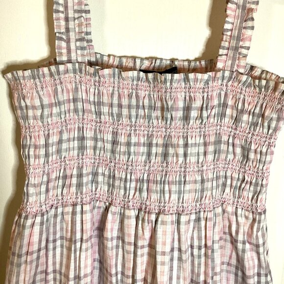 French Connection Women's Pink Grey Check Smocked Midi Sun Dress Size S Vacation - Picture 3 of 8